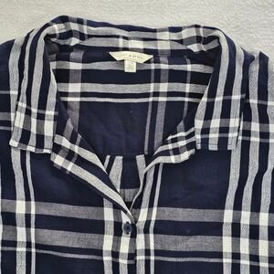 Lucky Brand Womens Navy Blue White Plaid Drop Shoulder Button Down Shirt Large